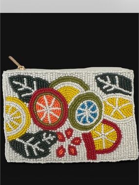 Beaded Citrus Embellished Wristlet Pouch - White/Multicolor coin purse